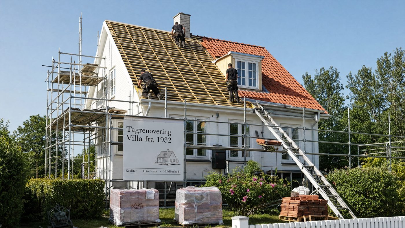 Tømrere lægger nye lægter på taget af en hvid villa fra 1932